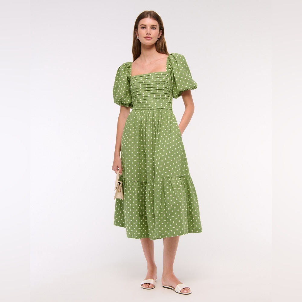 ABERCROMBIE & FITCH Emerson Linen-Blend Puff Sleeve Midi Dress 👗👗👗👗😍😍😍😍😍